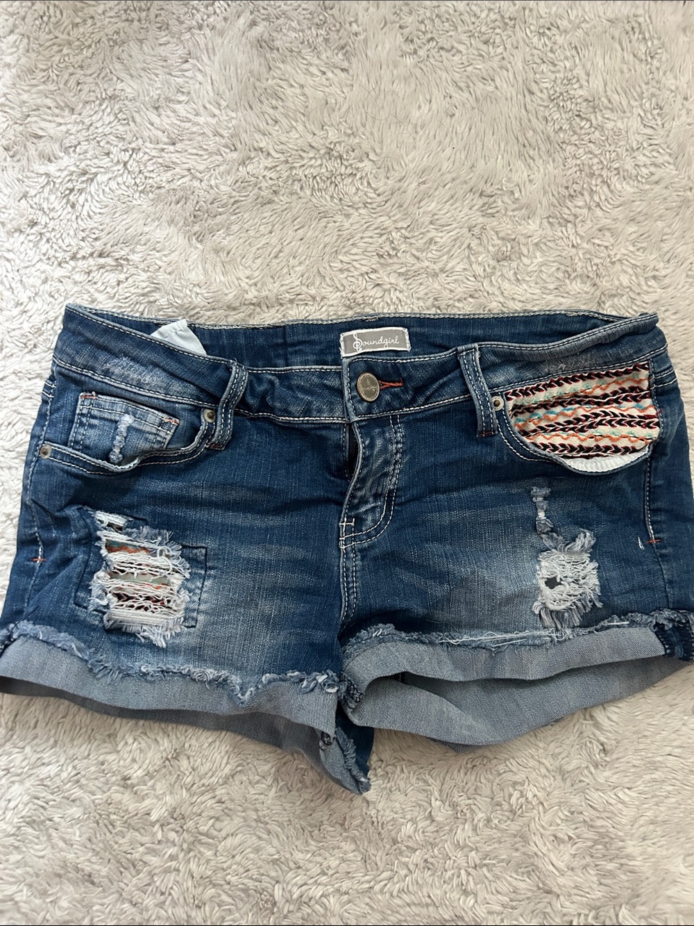 Soundgirl Dark Blue Distressed Denim Shorts with Embroidered Pocket